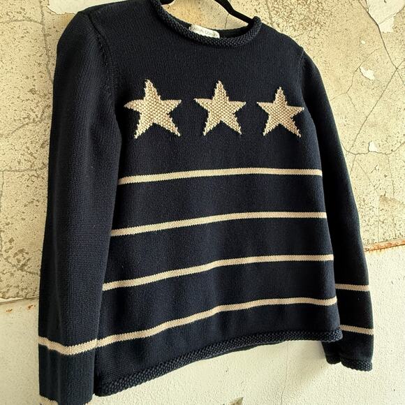 Vintage Navy Blue Striped Star Sweater Made in UK Pullover Knit M - Picture 3 of 5